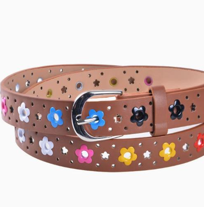 Colorful Floral Punch-Out Leather Belt - Casual Hollow Flower Waist Strap (100cm)