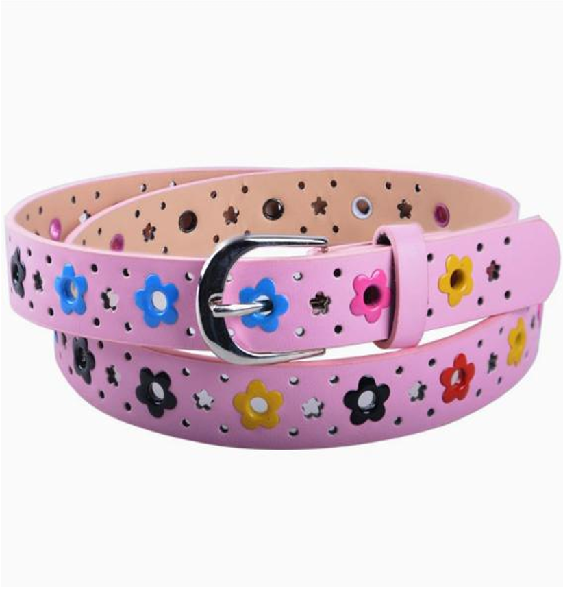 Colorful Floral Punch-Out Leather Belt - Casual Hollow Flower Waist Strap (100cm)