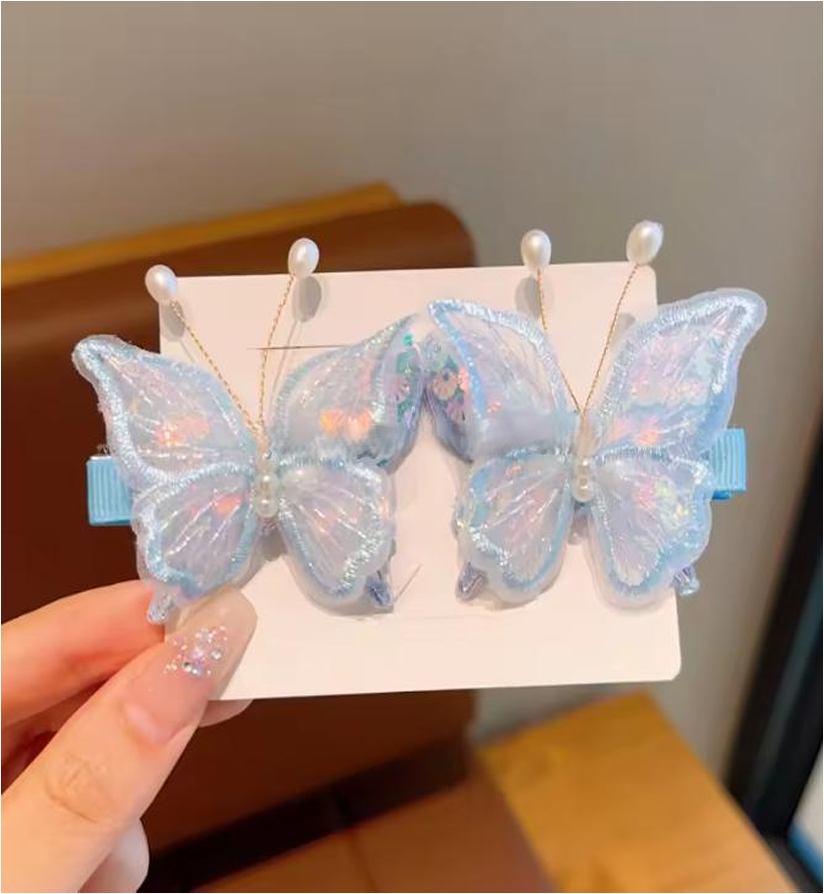 Sheer Mesh Butterfly Side Hair Clips with Pearl Antennae - Vintage Hairpins Set (2-Piece Pair)