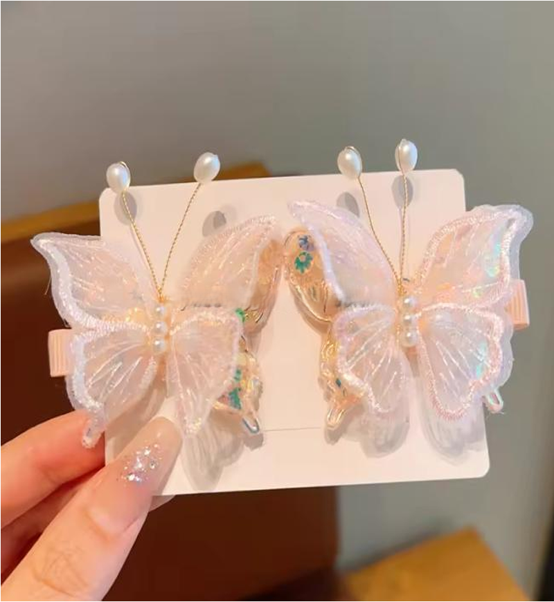 Sheer Mesh Butterfly Side Hair Clips with Pearl Antennae - Vintage Hairpins Set (2-Piece Pair)