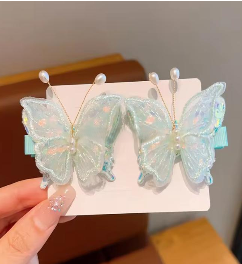Sheer Mesh Butterfly Side Hair Clips with Pearl Antennae - Vintage Hairpins Set (2-Piece Pair)