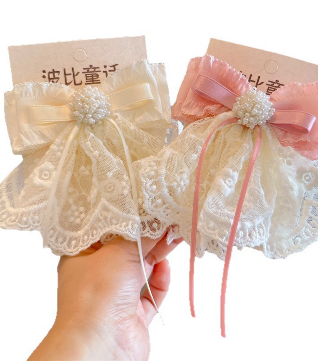 Elegant Lace Ruffle Bow Hair Clip - Vintage Tiered Ribbon & Pearl Duckbill Hairpin