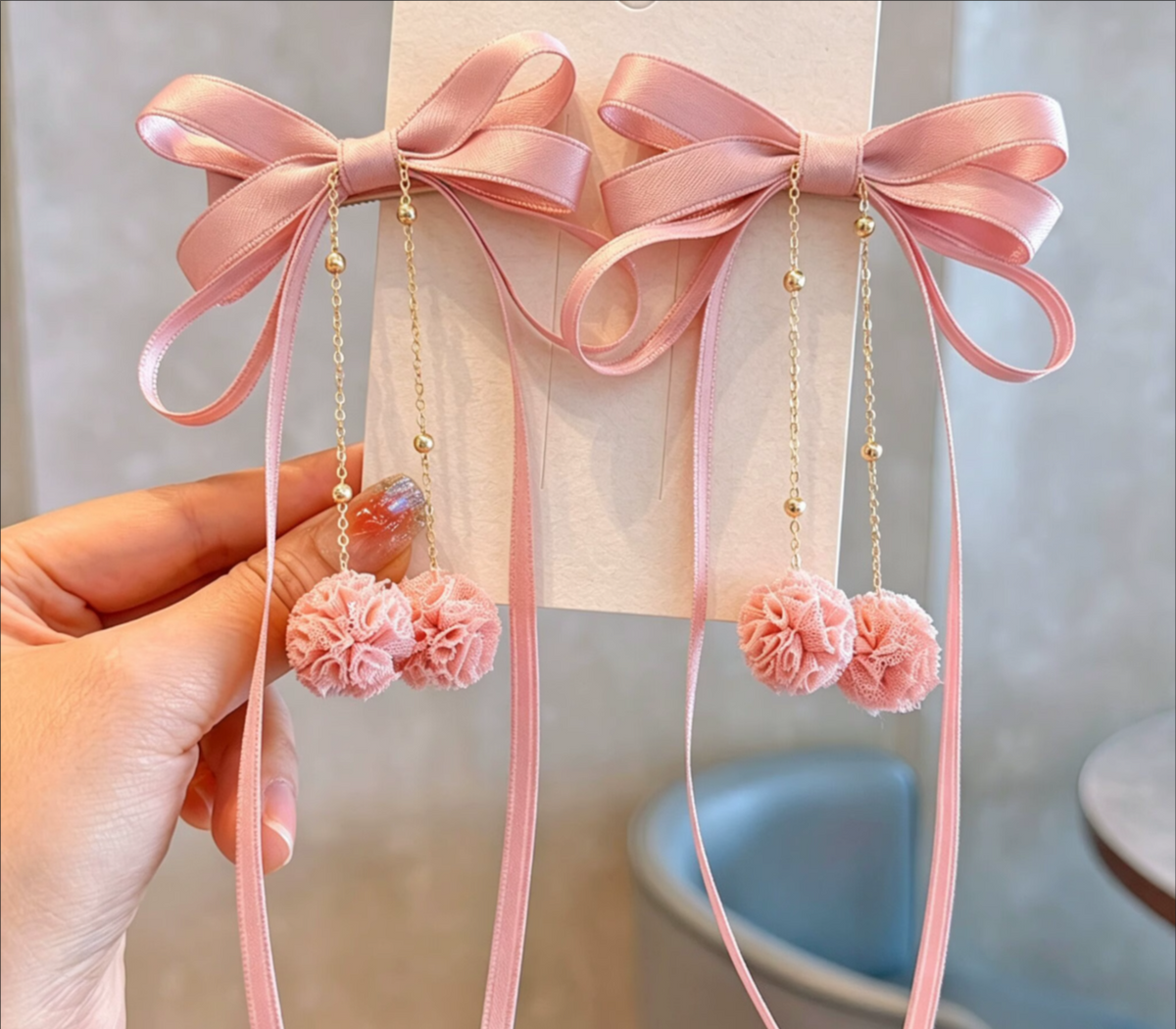 Graceful Satin Bow & Dangle Pom-Pom Hair Clip Pairs - Elegant Long Ribbon Hairpins