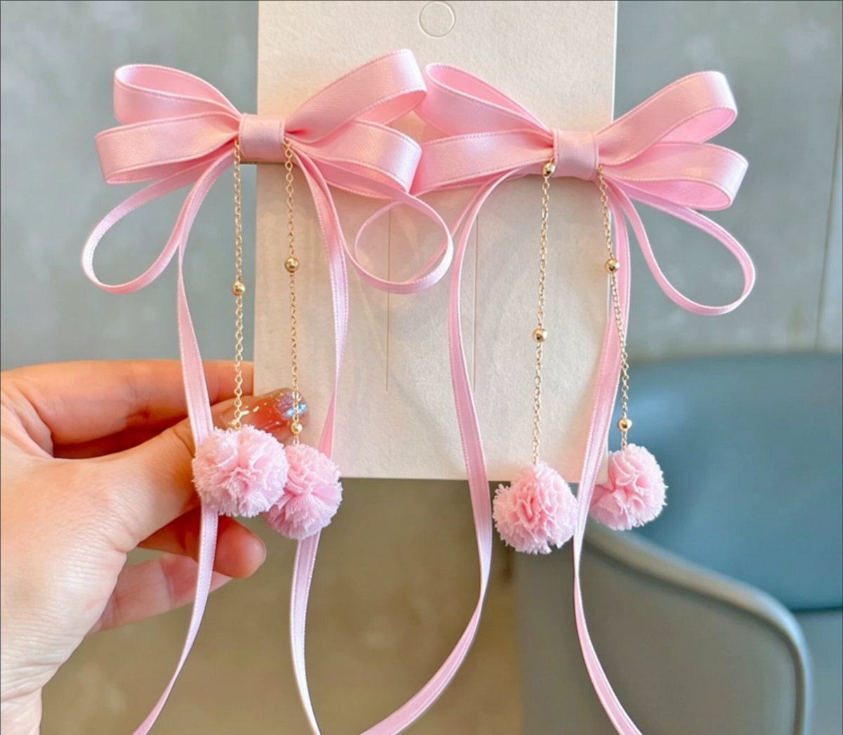 Graceful Satin Bow & Dangle Pom-Pom Hair Clip Pairs - Elegant Long Ribbon Hairpins