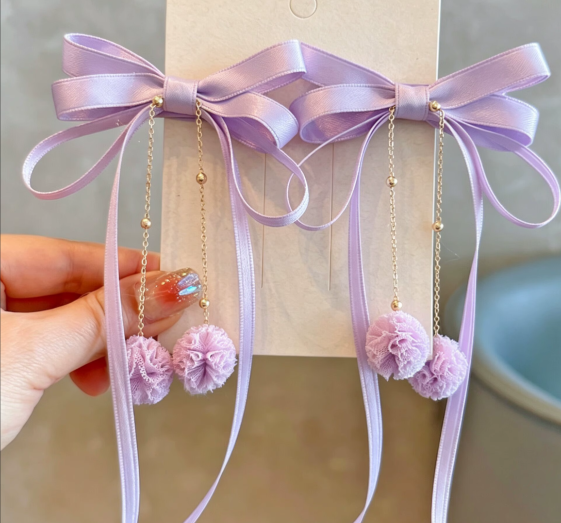 Graceful Satin Bow & Dangle Pom-Pom Hair Clip Pairs - Elegant Long Ribbon Hairpins