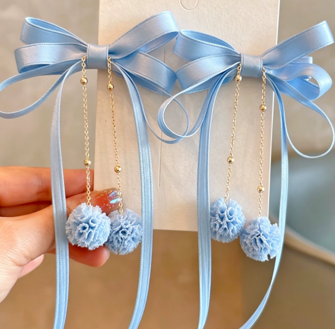 Graceful Satin Bow & Dangle Pom-Pom Hair Clip Pairs - Elegant Long Ribbon Hairpins