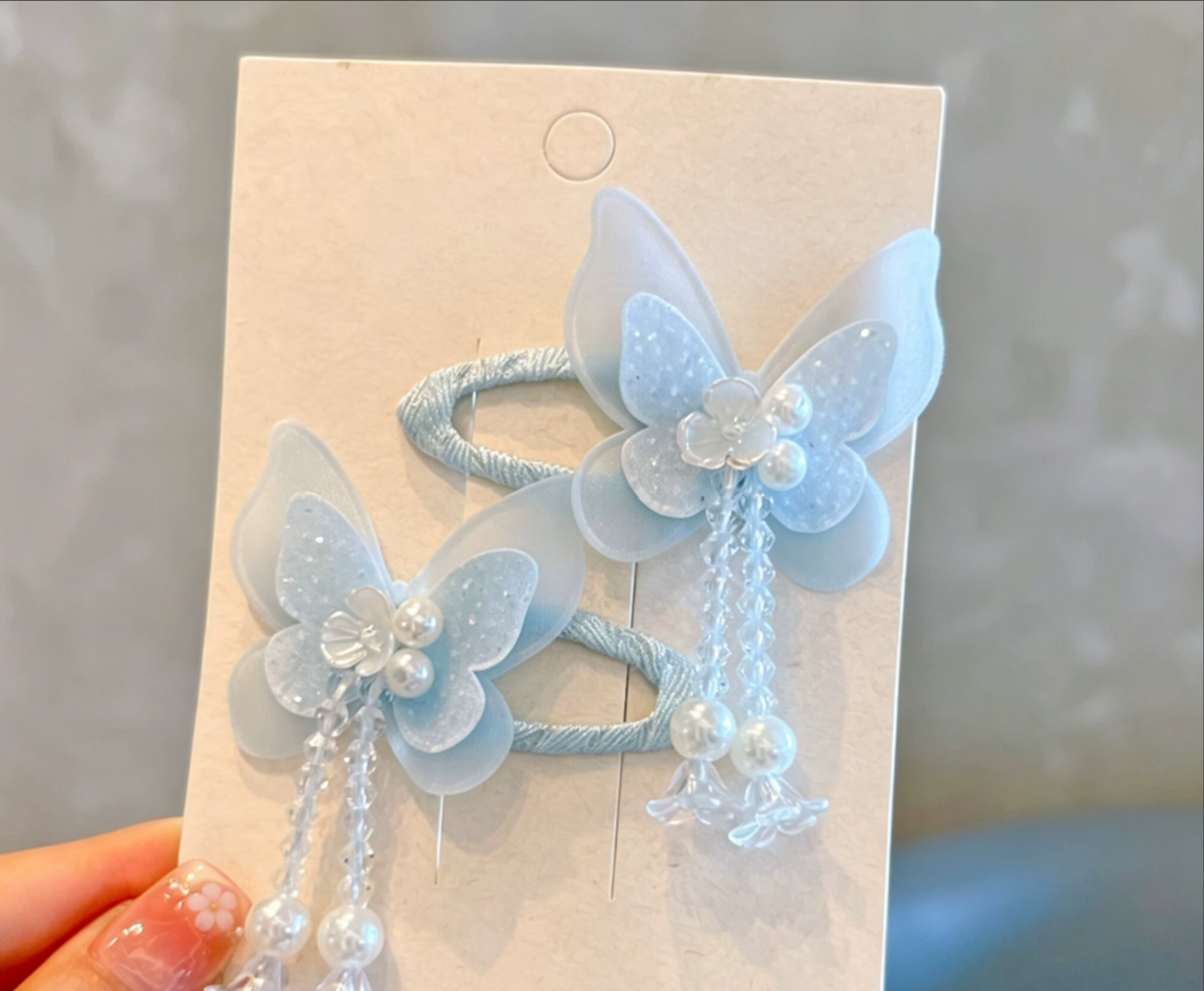 Dreamy Organza Butterfly & Pearl Dangle Hair Clip Pairs - Graceful Fairy Hairpins