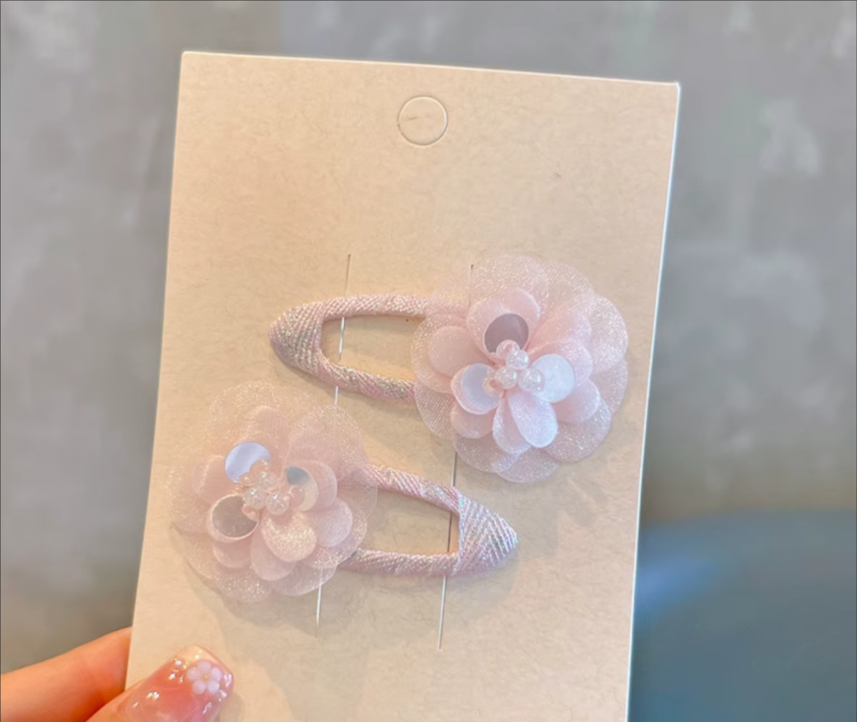 Sweet Organza Flower Snap Hair Clip Pairs - Cute Floral Hairpins Set