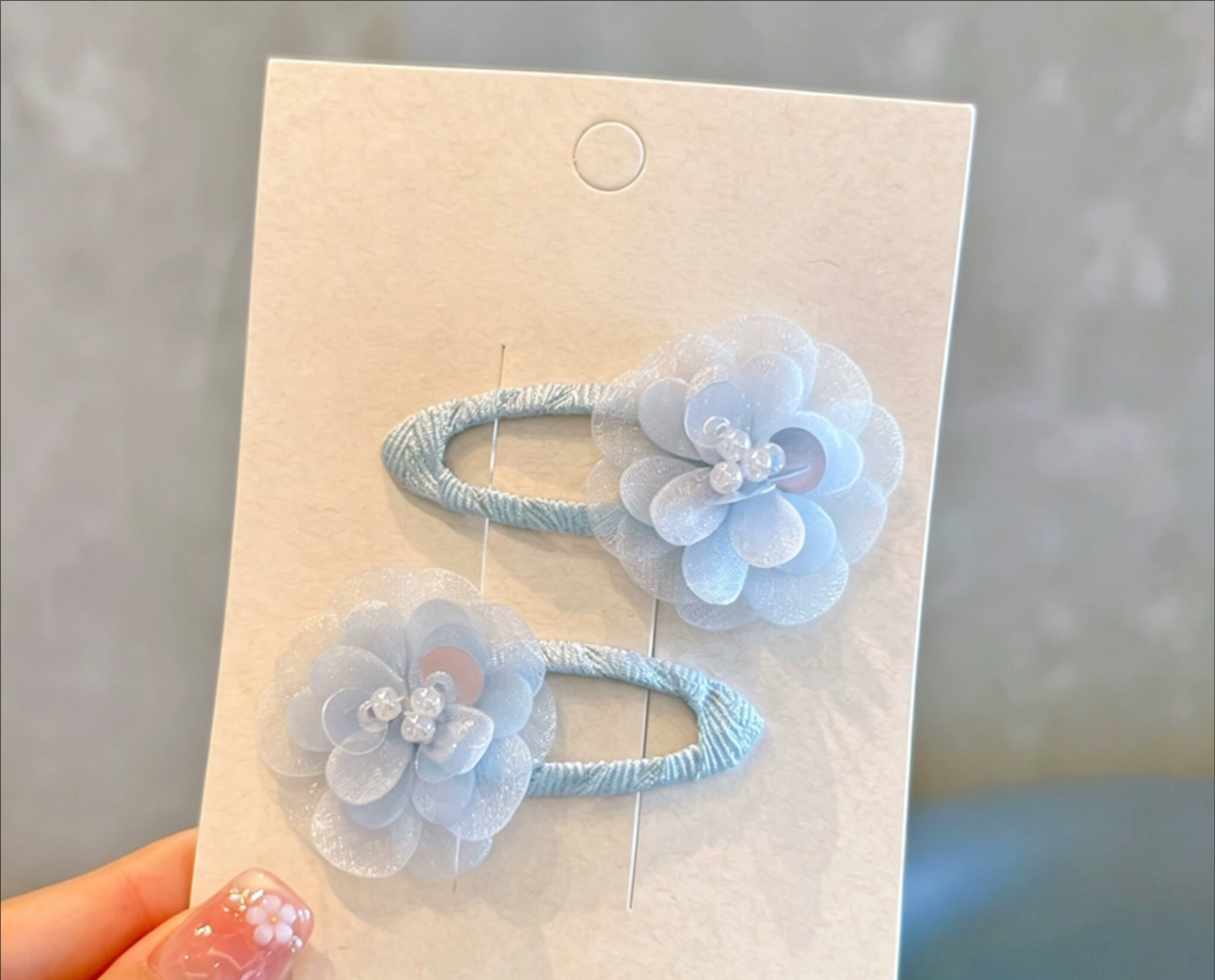 3 sets (6 piece)Sweet Organza Flower Snap Hair Clip Pairs - Cute Floral Hairpins Set