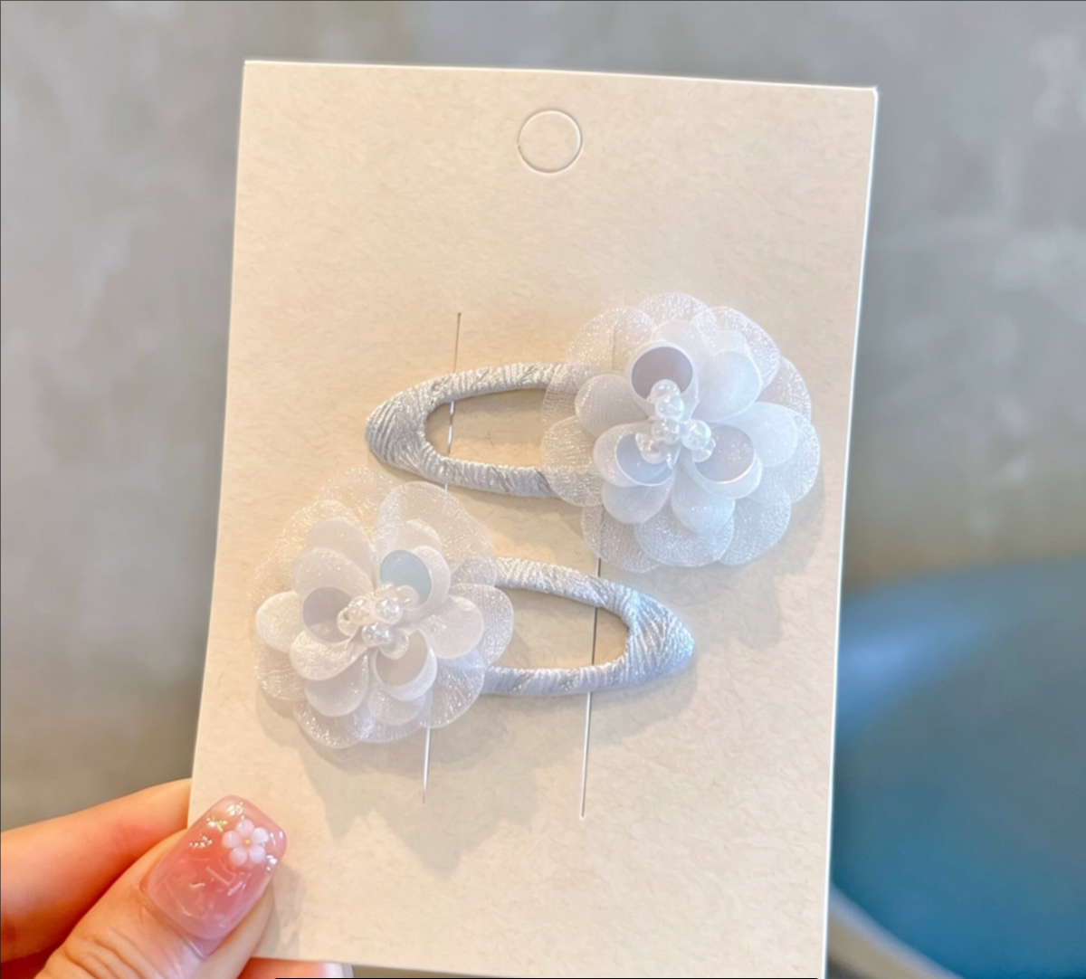 3 sets (6 piece)Sweet Organza Flower Snap Hair Clip Pairs - Cute Floral Hairpins Set