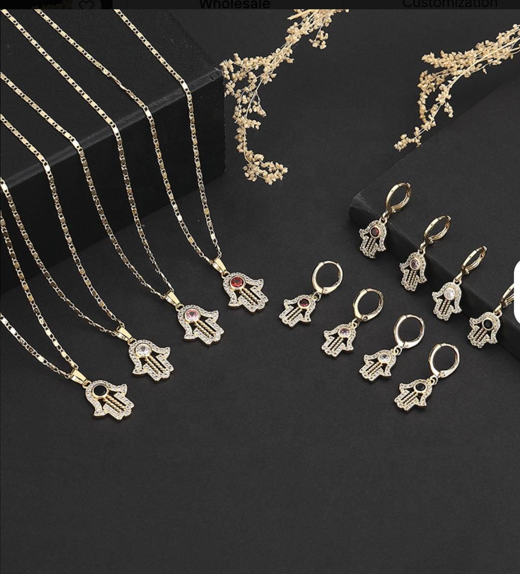 18K Gold Plated Hamsa Hand Protection Pendant Necklace & Huggie Earrings Jewelry Set