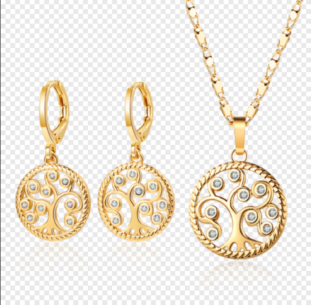 18K Gold Plated Tree of Life Jewelry Set - Necklace and Earrings with White Cubic Zirconia