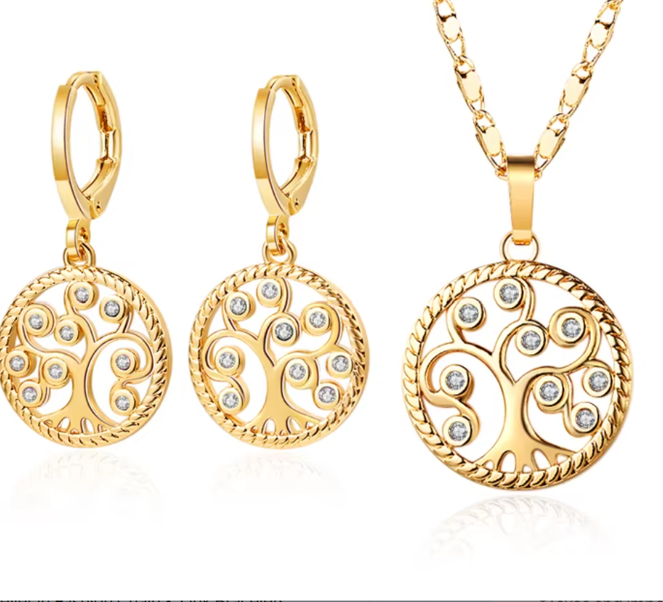 18K Gold Plated Tree of Life Jewelry Set - Necklace and Earrings with White Cubic Zirconia