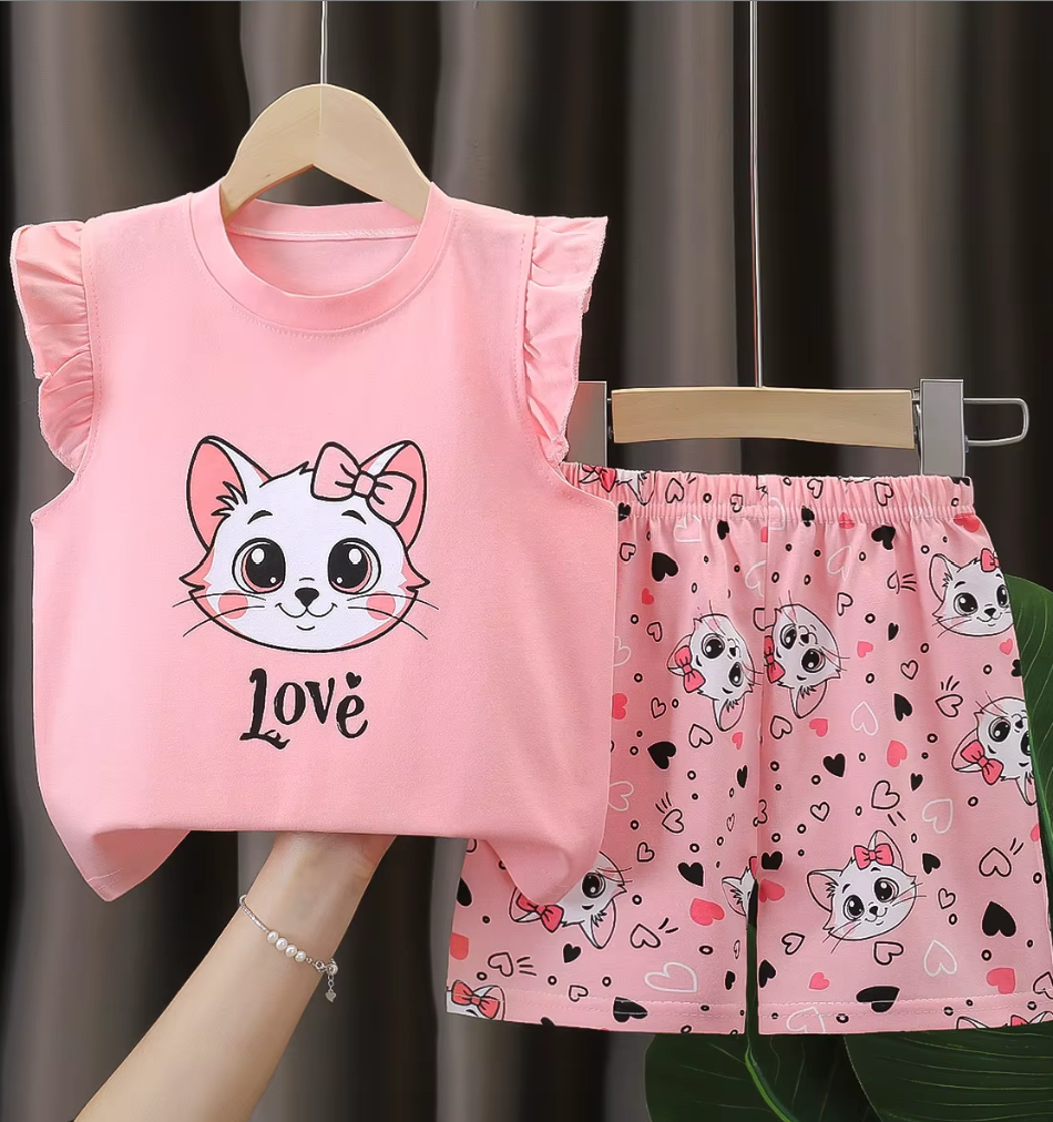 Premium 100% Pure Cotton Sweet Kitty Summer Short Set - Flutter Sleeve Edition