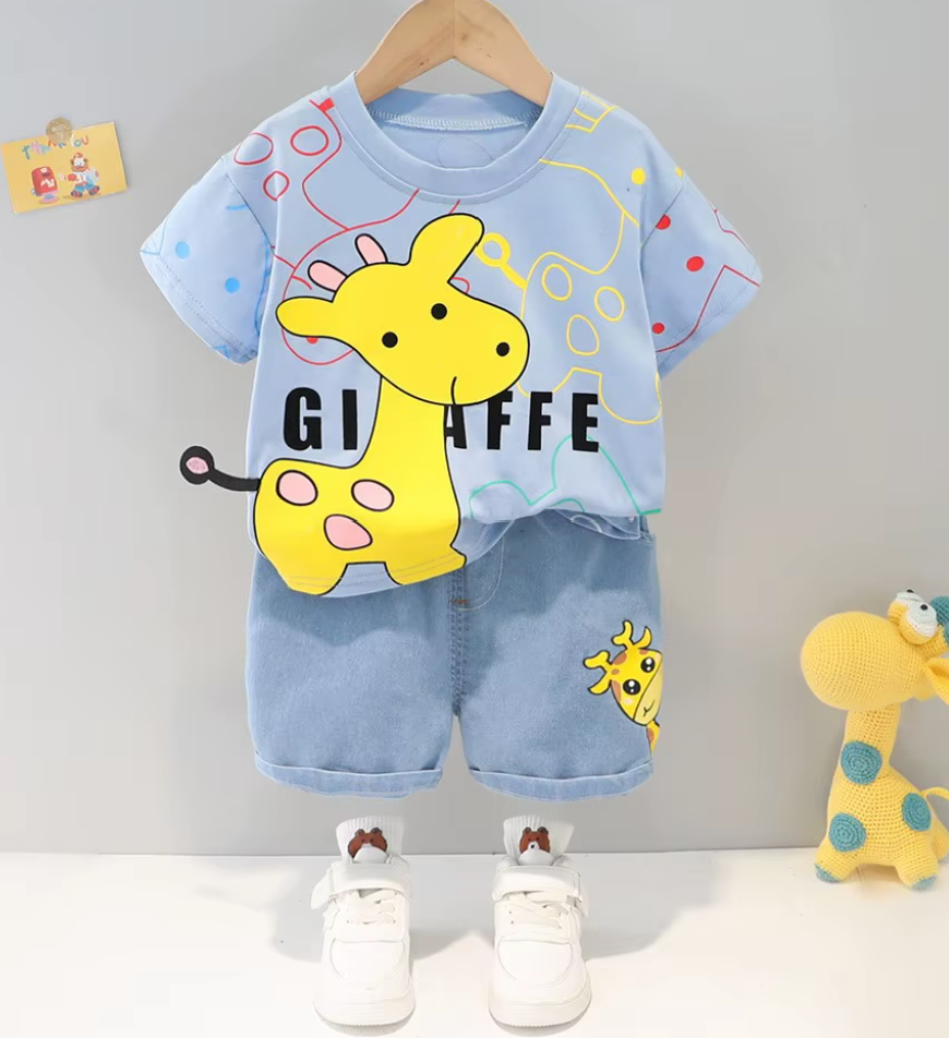 Premium Cotton Kids Summer Short Set - Playful Giraffe Edition