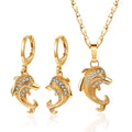 18K Gold Plated Cute Dolphin Zircon Pendant Necklace & Leverback Earrings Jewelry Set