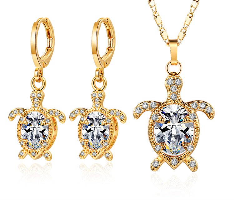 18K Gold Plated Cute Turtle Cubic Zirconia Necklace & Earrings Jewelry Set