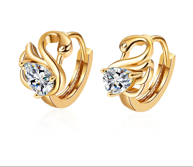 18K Gold Plated Majestic Swan Cubic Zirconia Huggie Hoop Earrings