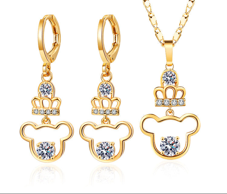 18K Gold Plated Crowned Cartoon Mouse Zircon Pendant Necklace & Earrings Jewelry Set
