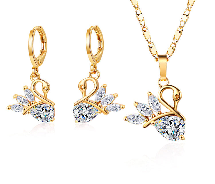 18K Gold Plated Elegant Beautiful Swan Zirconia Pendant Necklace & Earrings Jewelry Set