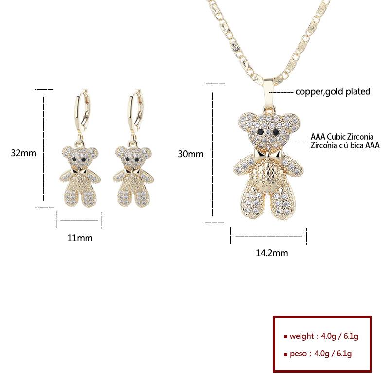 18K Gold Plated Sparkling Teddy Bear Cubic Zirconia Necklace & Earrings Jewelry Set