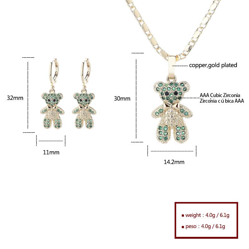 18K Gold Plated Sparkling Teddy Bear Cubic Zirconia Necklace & Earrings Jewelry Set
