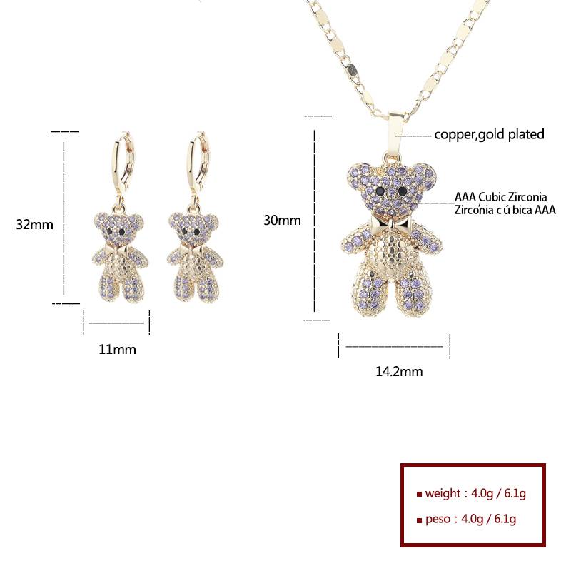 18K Gold Plated Sparkling Teddy Bear Cubic Zirconia Necklace & Earrings Jewelry Set