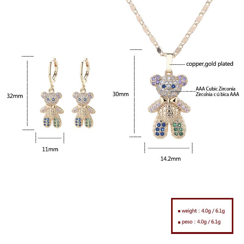 18K Gold Plated Sparkling Teddy Bear Cubic Zirconia Necklace & Earrings Jewelry Set