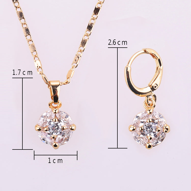 18K Gold Plated Luxury Round Cushion-Cut Zircon Necklace & Drop Earrings Jewelry Set