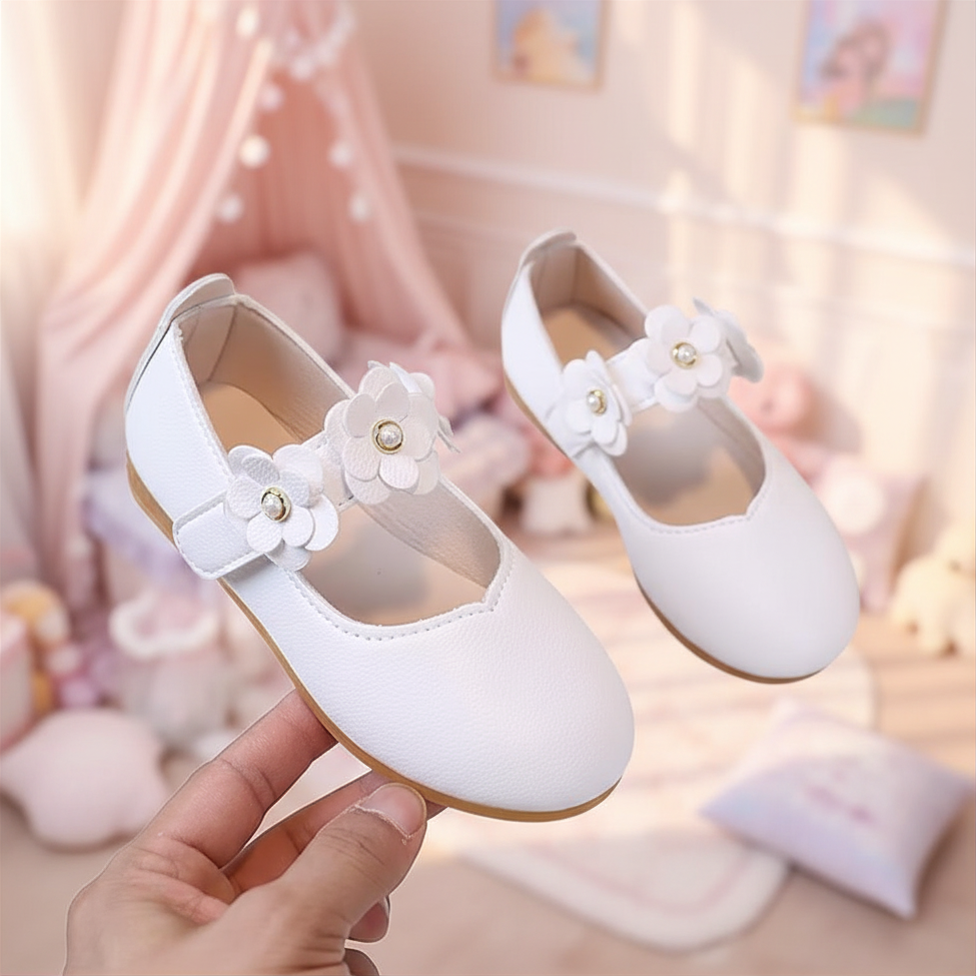 Elegant White Floral Dress Shoes for Girls - Princess Mary Jane Flats
