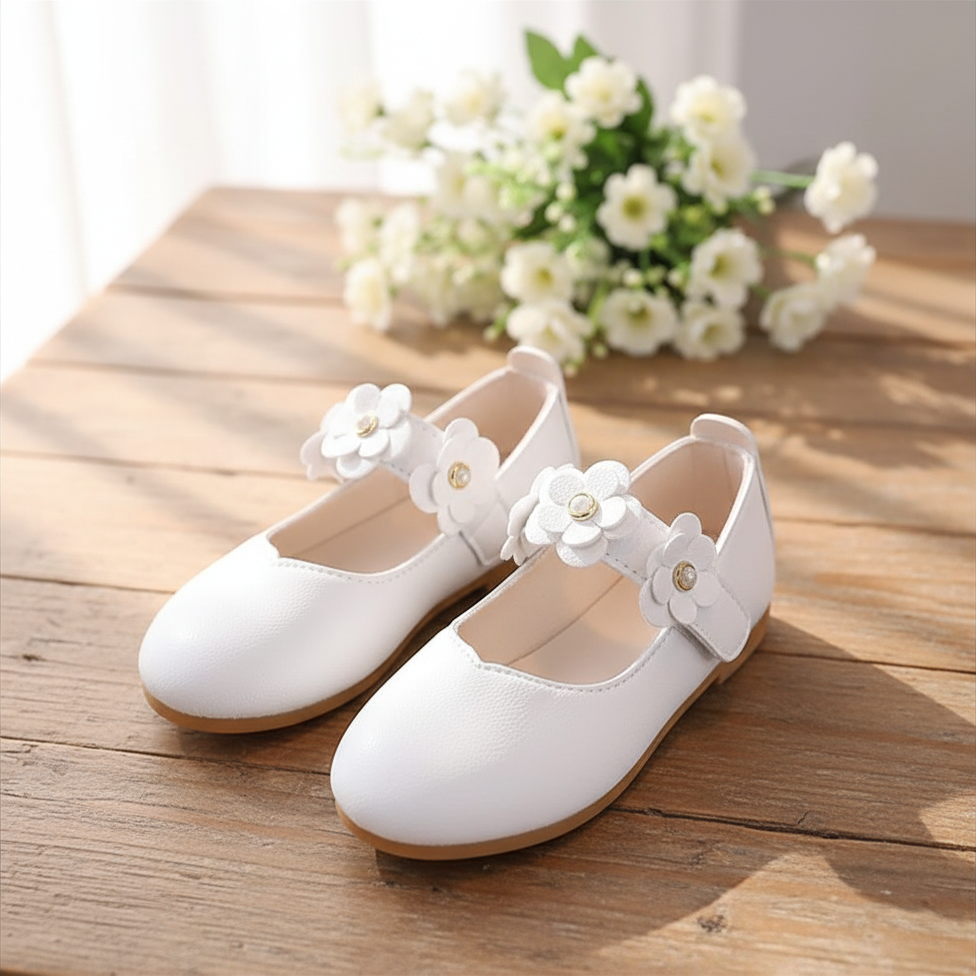Elegant White Floral Dress Shoes for Girls - Princess Mary Jane Flats