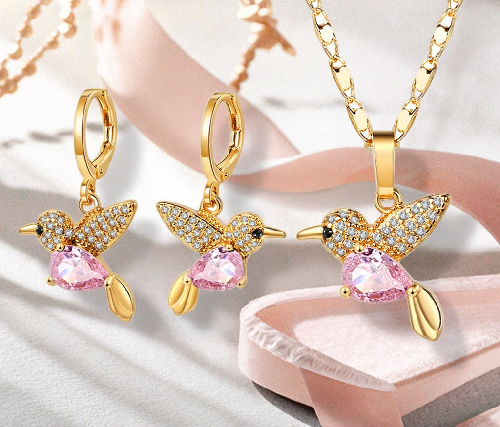 18K Gold Plated Crystal Hummingbird Heart Pendant Necklace & Drop Earrings Jewelry Set