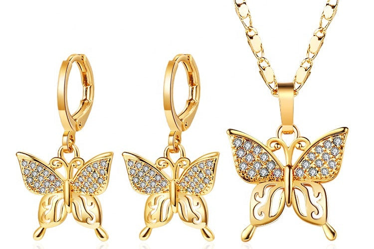 18K Gold Plated Colorful Butterfly Necklace & Earrings Jewelry Set