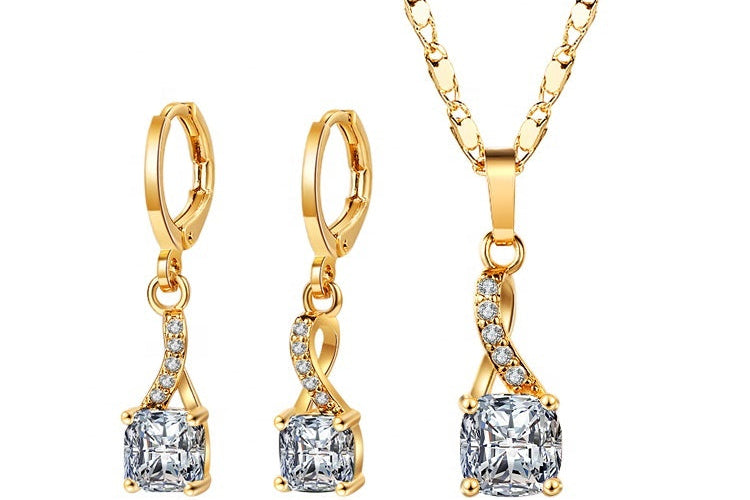 18K Gold Plated Vintage Twist Cushion-Cut Zircon Necklace & Earrings Jewelry Set