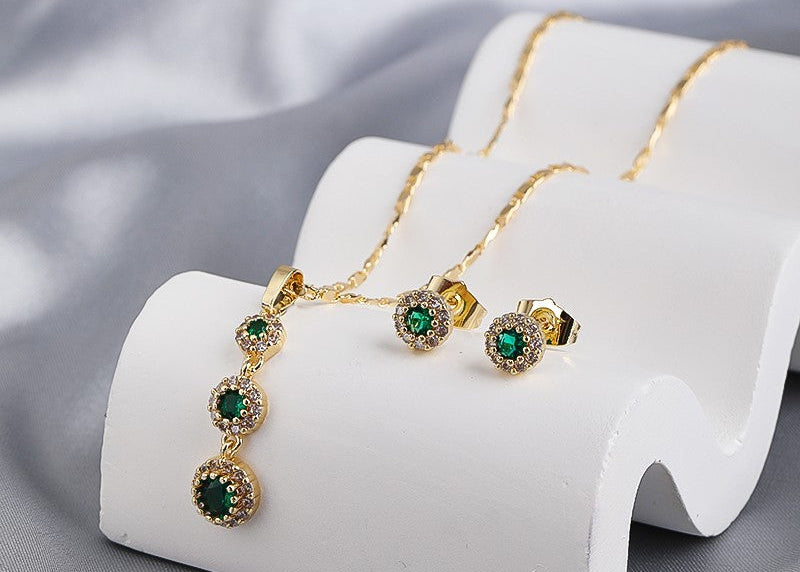 18K Gold Plated Emerald Green Tassel Halo Zircon Necklace & Earrings Jewelry Set
