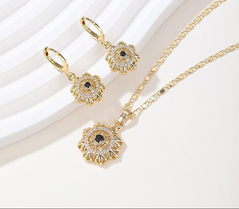 18K Gold Plated Vintage Floral Zircon Necklace & Earrings Jewelry Set