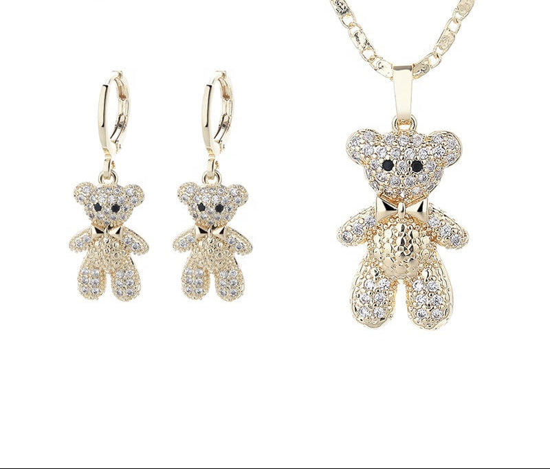 18K Gold Plated Sparkling Teddy Bear Cubic Zirconia Necklace & Earrings Jewelry Set
