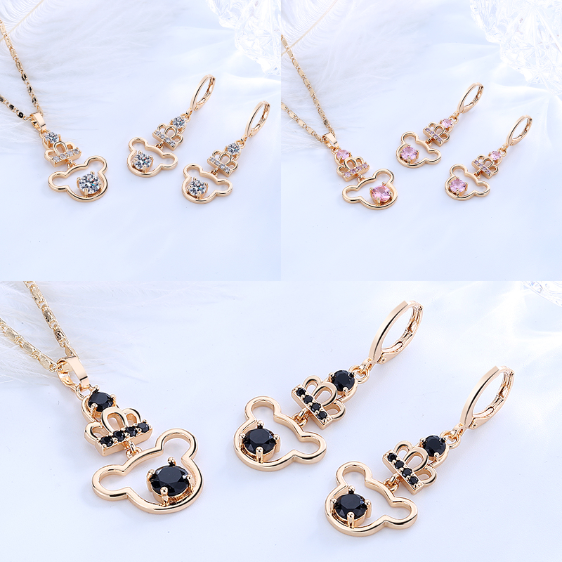18K Gold Plated Crowned Cartoon Mouse Zircon Pendant Necklace & Earrings Jewelry Set