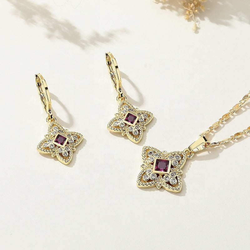 18K Gold Plated Luxury Four-Leaf Floral Cubic Zirconia Necklace & Earrings Jewelry Set