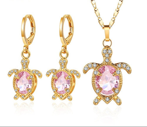 18K Gold Plated Cute Turtle Cubic Zirconia Necklace & Earrings Jewelry Set
