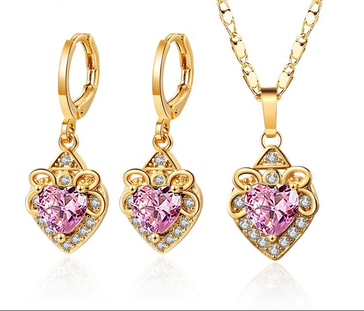 18K Gold Plated Vintage Heart-Shaped Cubic Zirconia Necklace & Earrings Jewelry Set