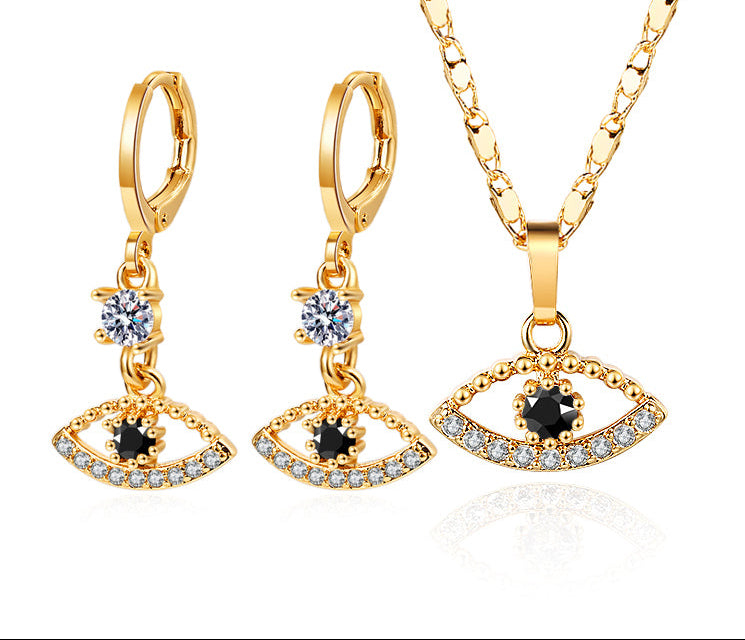 18K Gold Plated Mystic Evil Eye AAA Cubic Zirconia Necklace & Huggie Earrings Jewelry Set