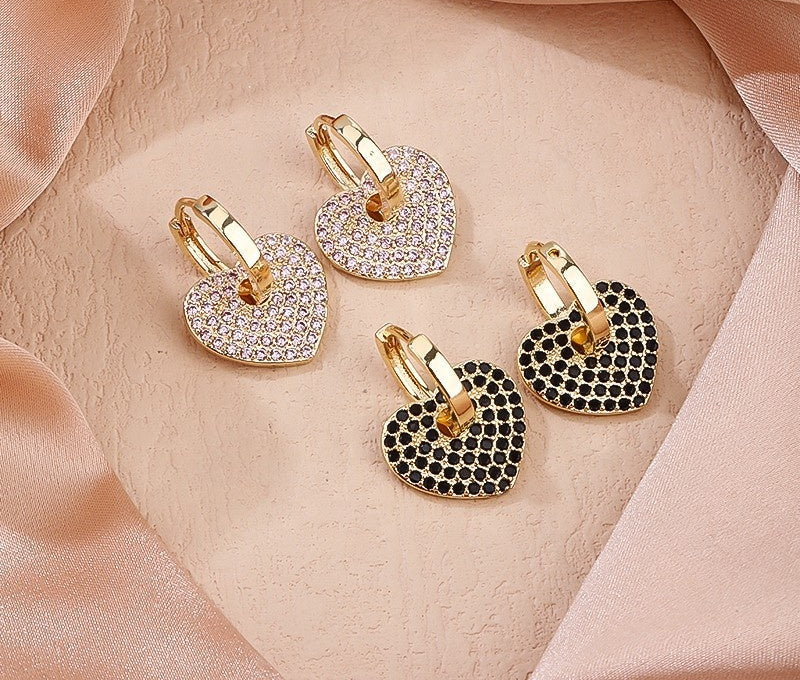 18K Gold Plated Romantic Pave Cubic Zirconia Heart Huggie Hoop Earrings
