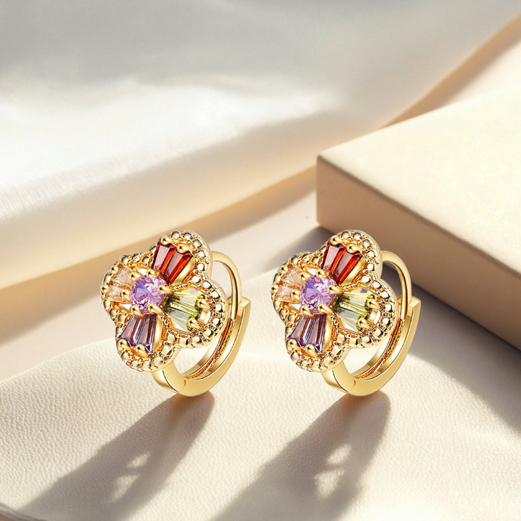 18K Gold Plated Rainbow Crystal Flower Huggie Hoop Earrings for Women