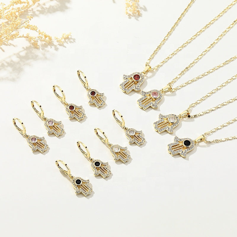 18K Gold Plated Hamsa Hand Protection Pendant Necklace & Huggie Earrings Jewelry Set