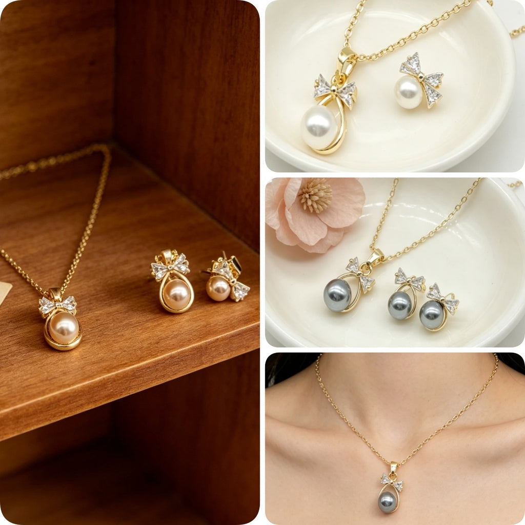 18K Gold Plated Zircon Bowknot & Elegant Pearl Pendant Necklace with Stud Earrings Jewelry Set