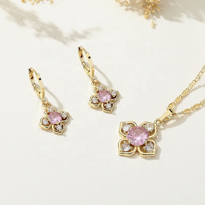 18K Gold Plated Four-Leaf Flower Crystal Pendant Necklace & Leverback Earrings Jewelry Set