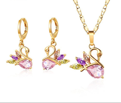18K Gold Plated Elegant Beautiful Swan Zirconia Pendant Necklace & Earrings Jewelry Set