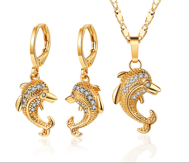 18K Gold Plated Cute Dolphin Zircon Pendant Necklace & Leverback Earrings Jewelry Set