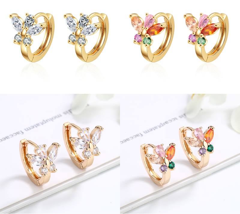 18K Gold Plated Rainbow Butterfly Cubic Zirconia Huggie Hoop Earrings